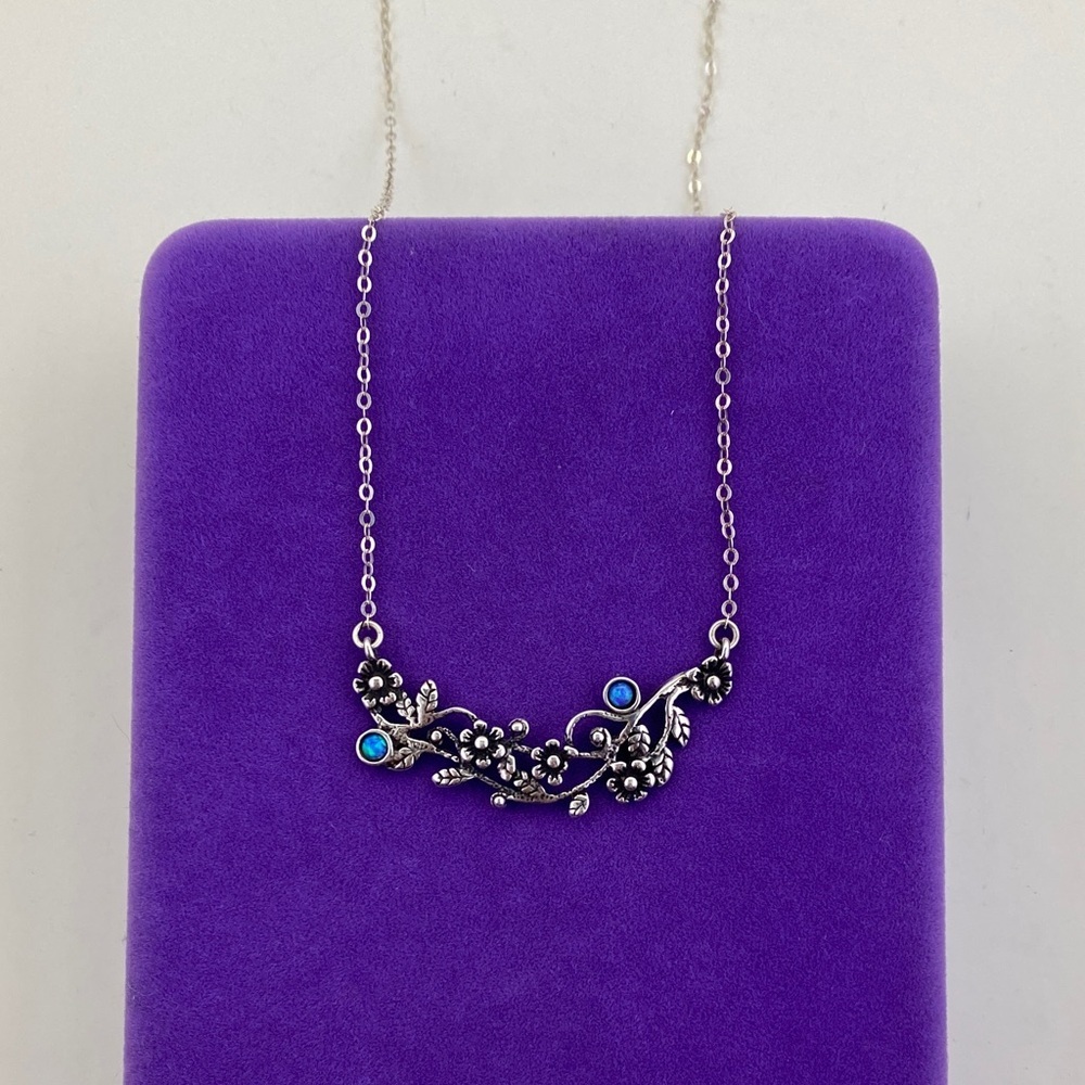 💛 Sterling Silver Floral Vine Necklace | Blue Opal Flower Garden Necklace